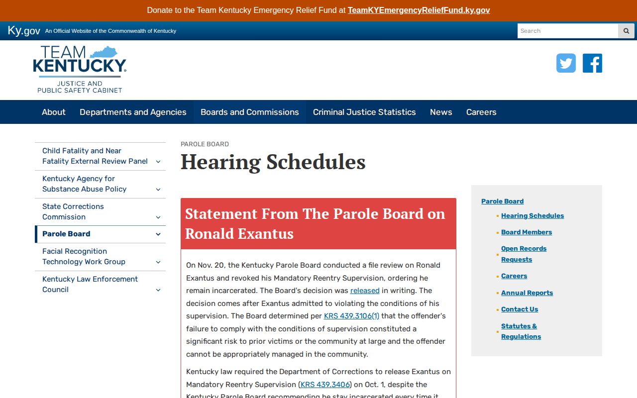 Kentucky Parole Board monthly schedule links and update notice