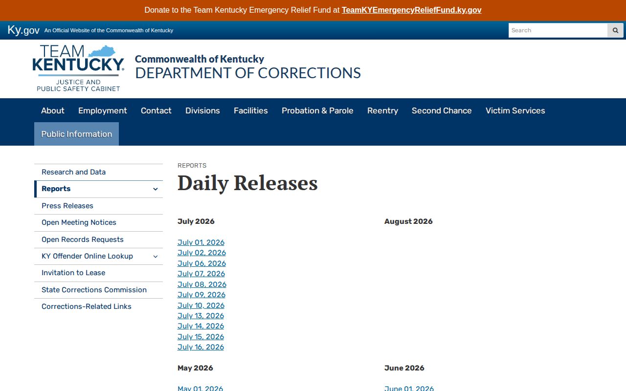 Kentucky Department of Corrections Daily Releases report index