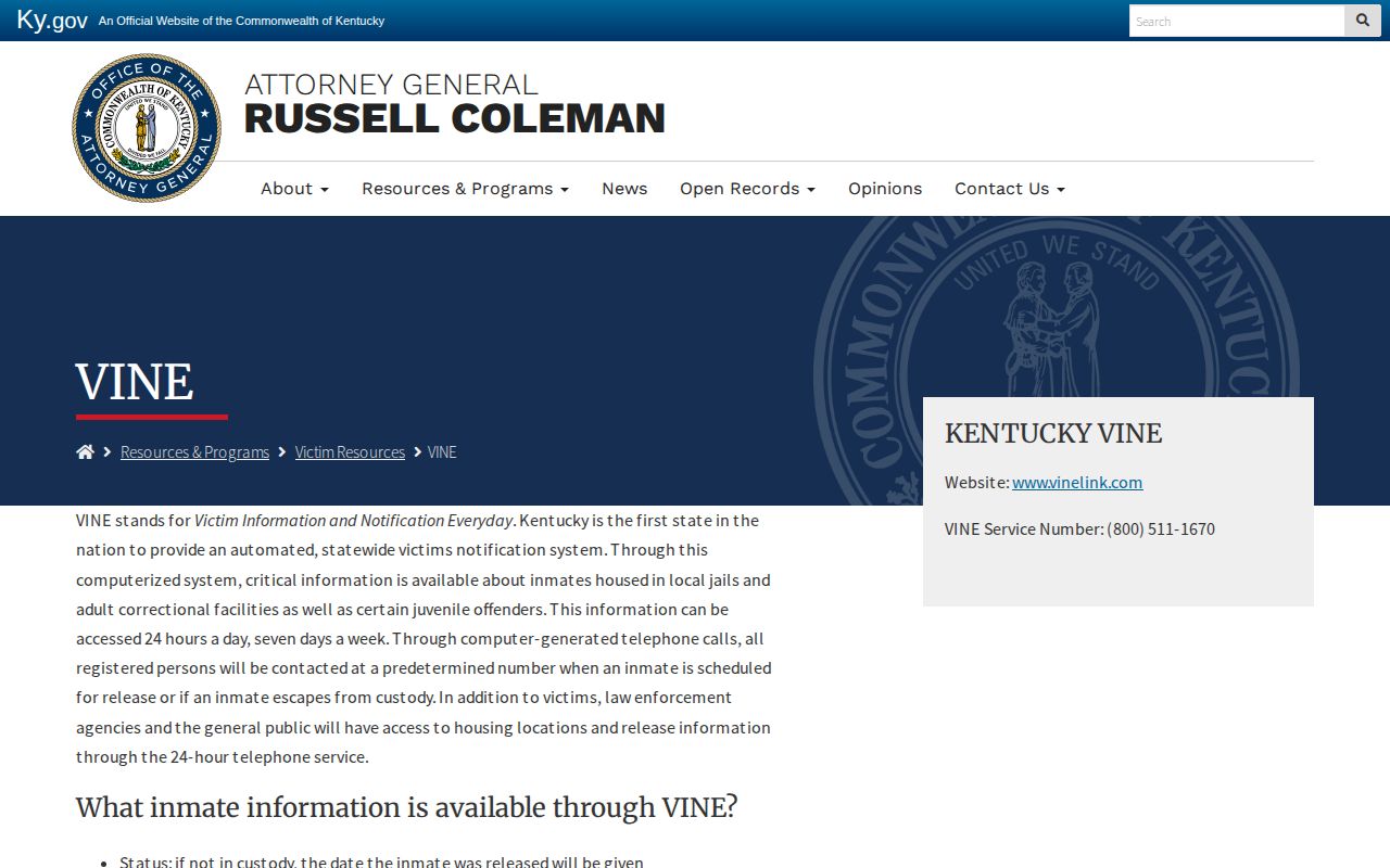 Kentucky VINE coverage, phone number, and release notification timing