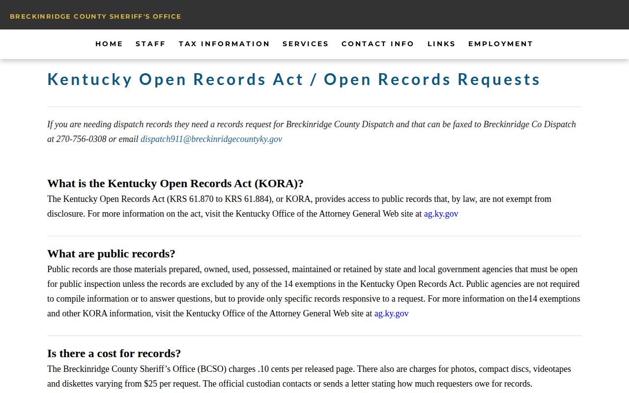 Breckinridge County sheriff open-records submission and fee information